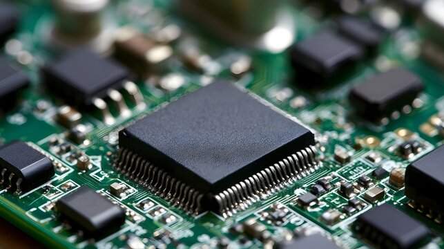 Close up of a black microchip mounted on a green circuit board with surrounding electronic components