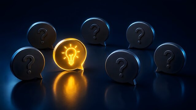 Technology problem solving concept featuring glowing neon lightbulb bubble standing out from dark question marks