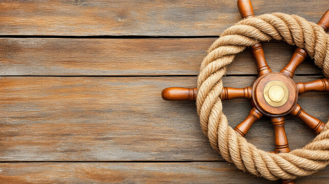 Close up of wooden ship wheel with rope on rustic wooden background, evoking nautical theme