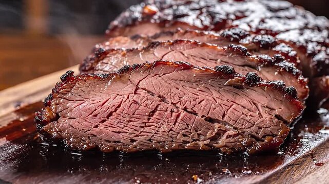 Smoked Beef Brisket on Rustic Wooden Board