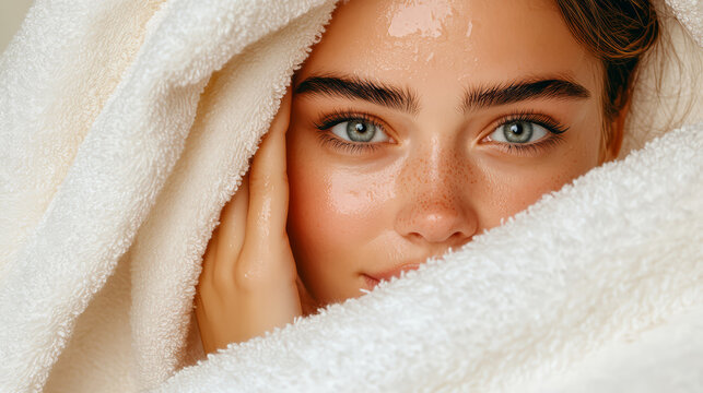 Close up of woman with glowing skin wrapped in soft towel, radiating beauty and freshness