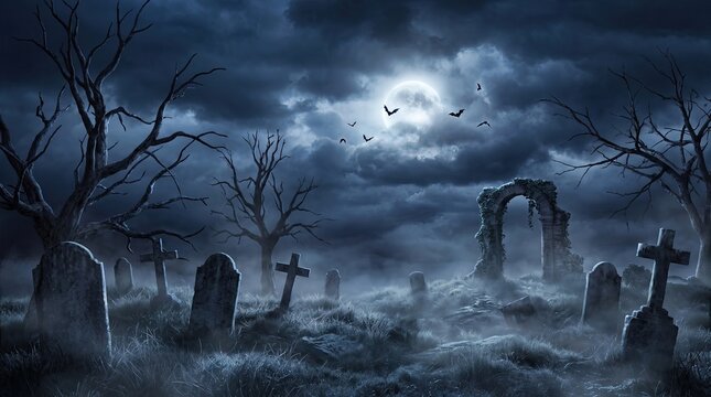 Haunting Halloween graveyard scene with full moon and silhouetted figures at night