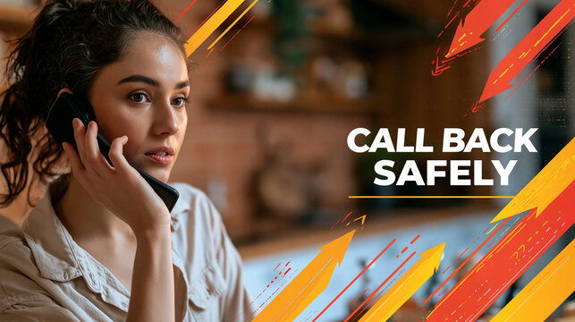 A cautious woman ends a suspicious phone call and immediately dials the official bank number from a contact list, realistic kitchen or home office scene, combined with bold vector