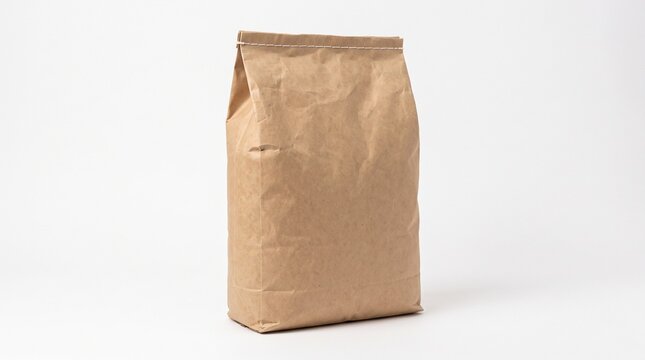 A plain brown kraft paper bag with folded top and stitched seal. Standing upright on white background. Used for packaging food, coffee, flour, or bulk goods.
