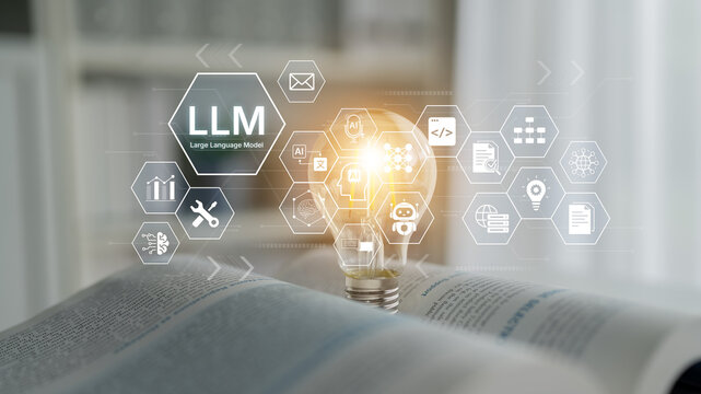 Large Language Model LLM processing data. Represents deep text learning, natural language processing NLP AI tech, transformer architecture, and generative AI deep learning future technology. Corpus