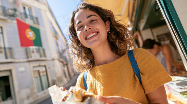 Happy Woman Traveler Walking Lisbon Street and Eating Traditional Portuguese Grilled Sardines
