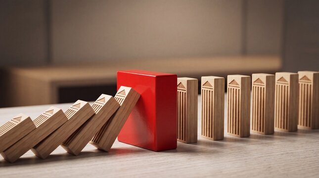 A striking visual of wooden blocks in a domino effect, highlighting concepts of strategy and disruption.