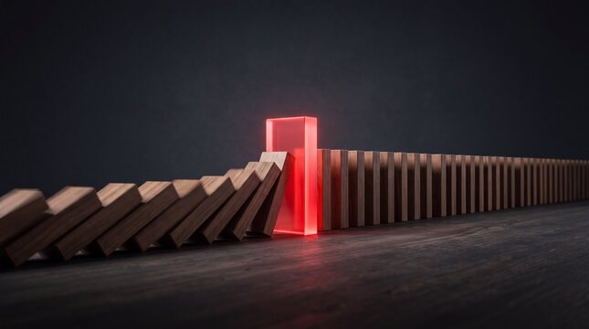 A striking visual of wooden blocks cascading with a glowing red door, symbolizing innovation and transition.