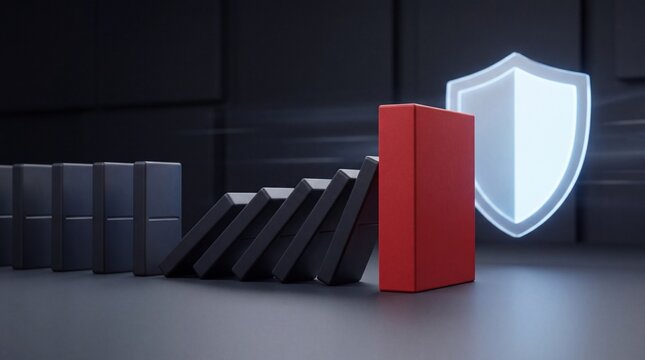 A visual representation of cybersecurity with dominoes and a protective shield symbolizing risk management.