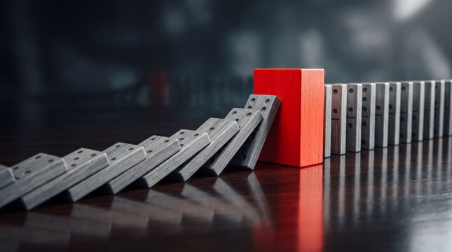 A visually striking arrangement of dominoes teetering towards a red block, symbolizing cause and effect dynamics.