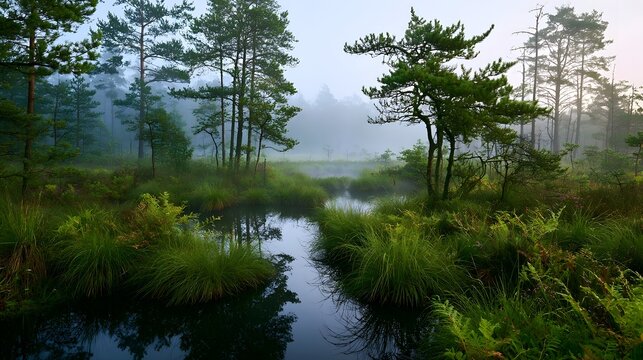 A misty forest scene featuring tall pine trees and a calm stream winding through lush green vegetation