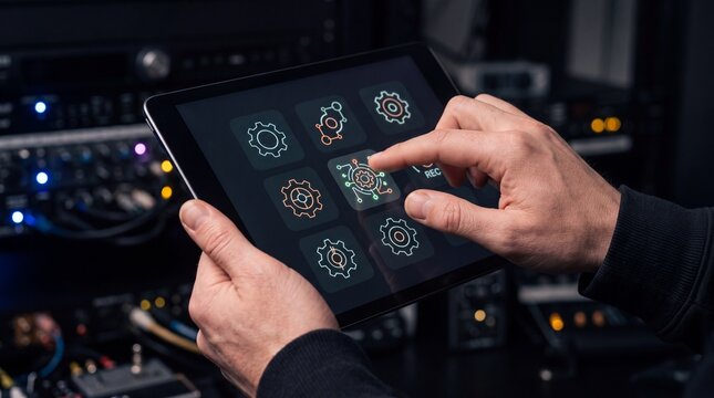 A person holding a tablet computer and using their finger to select a gear from a grid of ad social media download thambnail poster web template event festival 2026 2027 2028