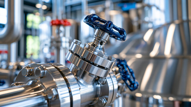 Detailed macro view of stainless steel valves, sanitary fittings and polished reactor walls with blurred fermentation tanks in the background, industrial engineering concept, ultra photorealism, cin