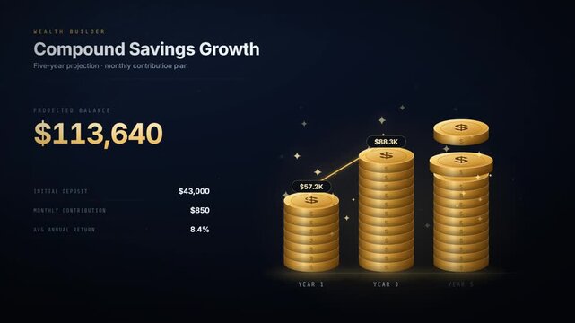 Compound Savings Growth Animation with Rising Coin Stacks and Projection Chart Seamless Loop