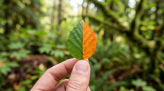 Hand holding a bicolor autumn leaf in forest.