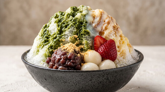 抹茶と練乳のかき氷 あずきと白玉とイチゴ添え 和スイーツ カフェメニュー素材