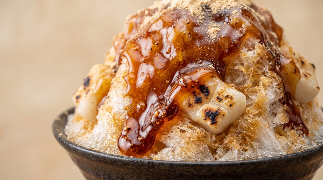 黒蜜ときな粉をかけた焼き餅添え和風かき氷 夏の和スイーツメニュー素材