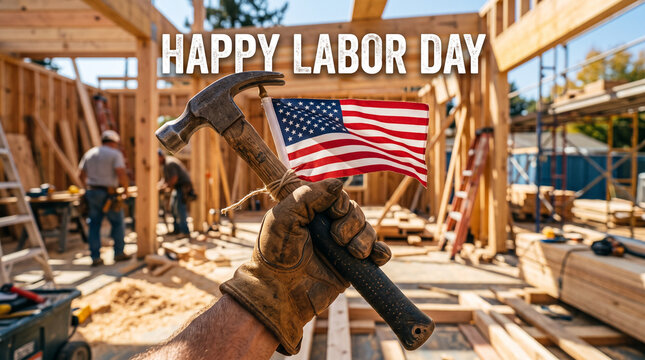 Hand holding hammer at construction site.