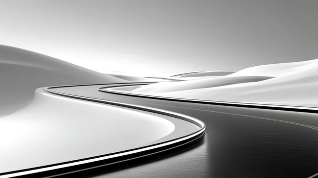 Smooth asphalt highway curving through a vast snowy landscape with landscape, movement