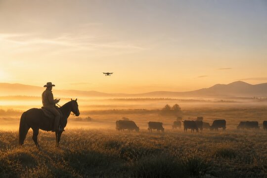 Cowboy on horseback overseeing cattle ranch with drone flying at sunrise in rural landscape