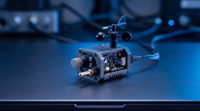 A small electronic anemometer sensor device with a rotating wind vane sitting on a dark ad social media download thambnail poster web template event festival 2026 2027 2028