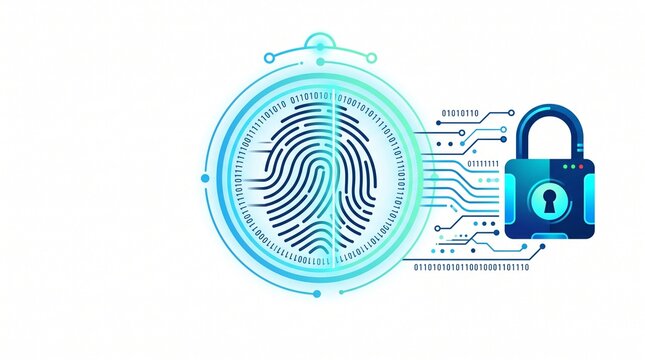 Fingerprint scan with digital padlock and circuit lines, biometric security technology vector illustration