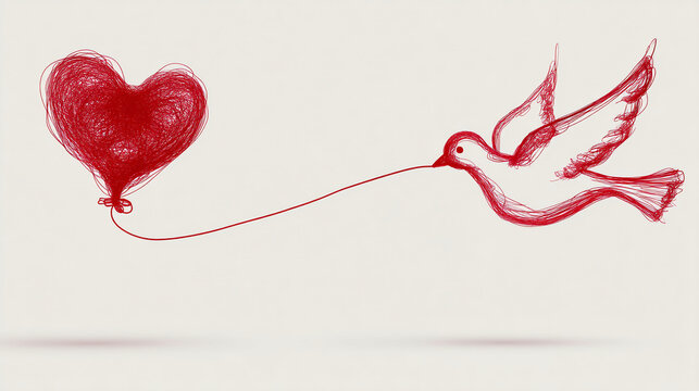 Drawn dove carrying a heart shaped balloon on neutral background with valentines