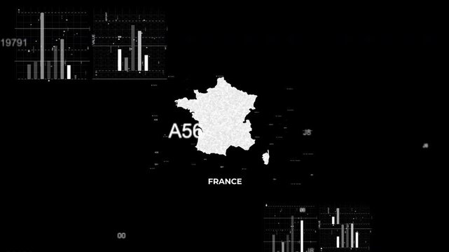 France map animation showcasing economy, infrastructure, technology, population, energy, trade, and national development data for presentations, films, documentaries, and motion graphics.