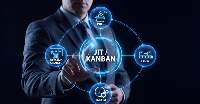 Kanban methodology interface being operated by a professional businessman in a dark corporate office for industrial manufacturing supply chain optimization