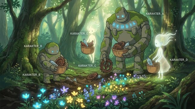 Fantasy stone golems and spirits in enchanted forest.