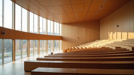 Aula universitaria minimalista con asientos escalonados y acabados en madera © Leonardo