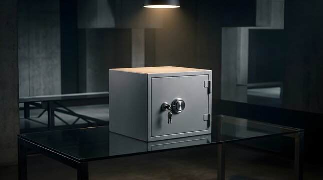 Metal safe box with keys on a glass table in a dark room for security