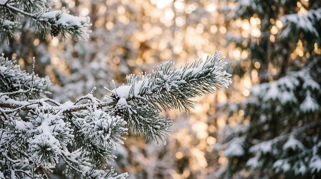 Professional image showing Close up of snowy pine tree branches in a winter forest setting perfect for marketing