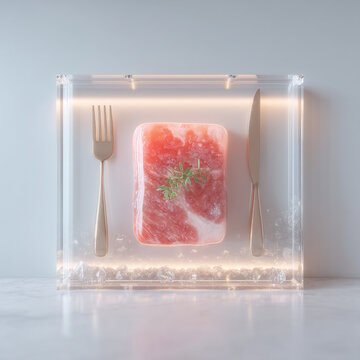 Gourmet meal portion preserved inside a transparent acrylic display box with cutlery
