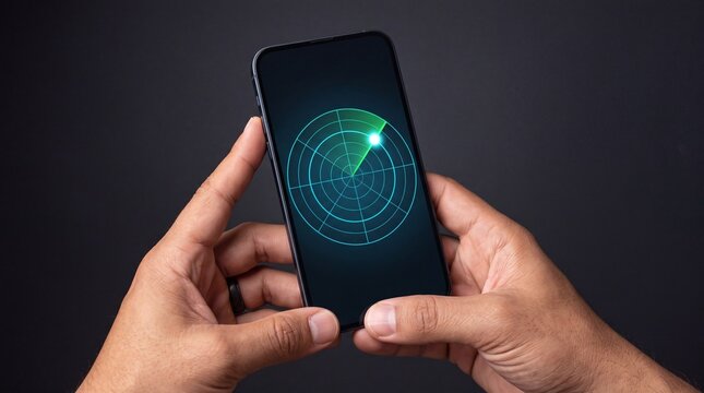 Hands holding a smartphone displaying a circular radar screen with a glowing green scanning ad social media download thambnail poster web template event festival 2026 2027 2028