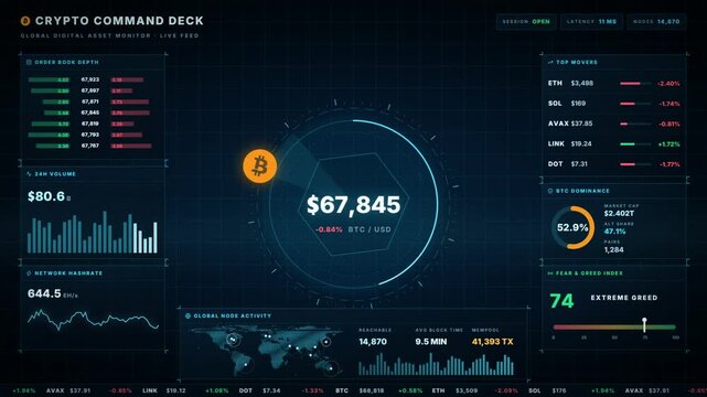Cryptocurrency Market Dashboard Animation with Changing Prices and Trading Analytics