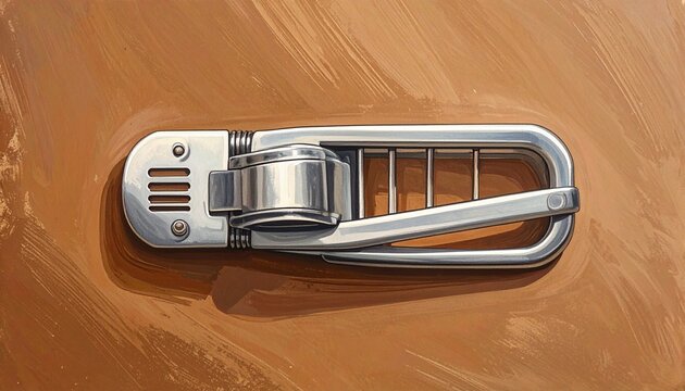 Close up of a silver metal car door handle on brown leather.