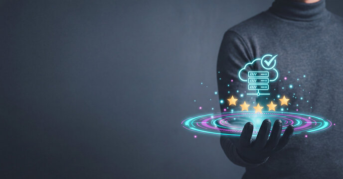 Cloud server storage icon floating above human hand showing five stars rating representing high performance reliable digital data service quality