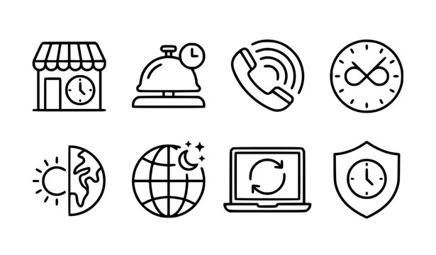 24/7 business availability and nonstop support thin stroke vector symbols