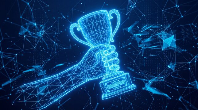 A futuristic concept illustration of a glowing blue digital wireframe hand holding a trophy as a symbol of victory within a virtual technology network environment