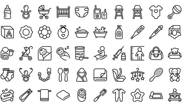 Baby Care Editable Stroke Outline Icons Set with Parenting and Newborn Essentials Vector Collection