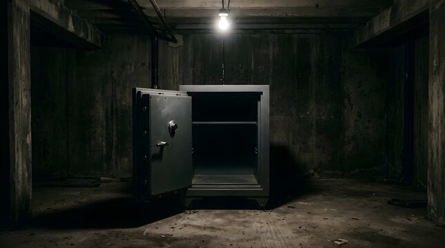 Open metal safe in a dark abandoned basement illuminated by a lightbulb