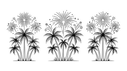 Naklejka premium Palm trees set with fireworks bursting in night sky featuring tropical foliage, vibrant explosions, summer celebration, and festive illumination