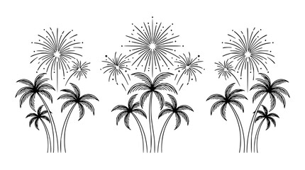 Naklejka premium Palm trees set with fireworks bursting in night sky featuring tropical silhouettes, vibrant explosions, and summer celebration with illuminated palm fronds and skyward sparks