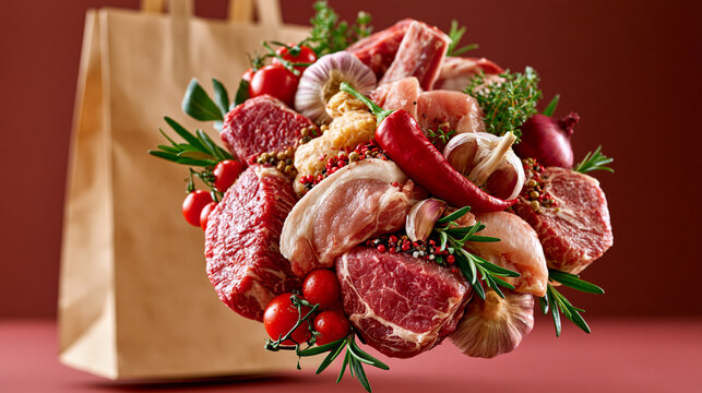 Kraft paper meat bag packed with assorted fresh cuts including steaks, pork, chicken, herbs, garlic, and spices suspended in midair, luxurious wine red background, gourmet grocery campaign, ultra ph