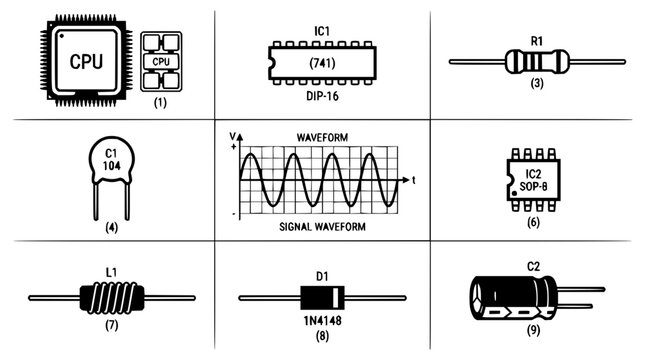 Electronic components grid set with resistors capacitors diodes transistors and integrated circuits in organized layout featuring modern tech design with clean lines and bright colors
