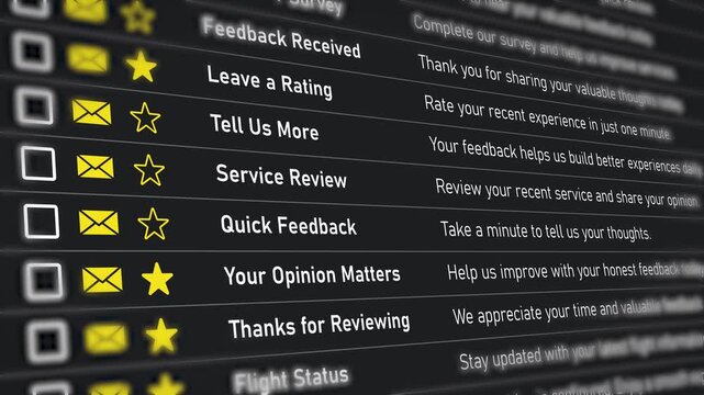 Close up of dark UI survey emails with customer rating alerts