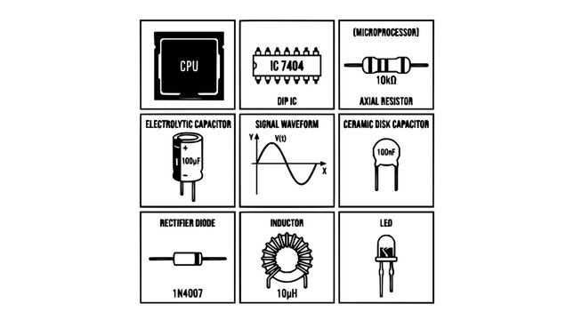 Electronic components grid with resistors capacitors transistors ICs and diodes with clean white background and organized layout