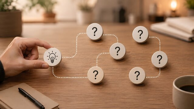 Corporate workflow strategy mapping concept featuring hand connecting idea lightbulb token to question marks on wooden office desk