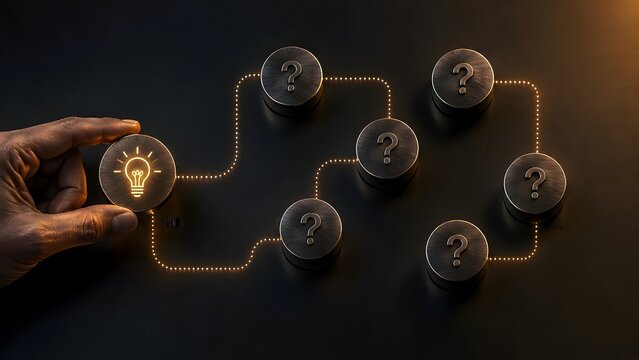 Technology troubleshooting strategy concept featuring hand connecting illuminated lightbulb icon to question marks on dark metallic surface